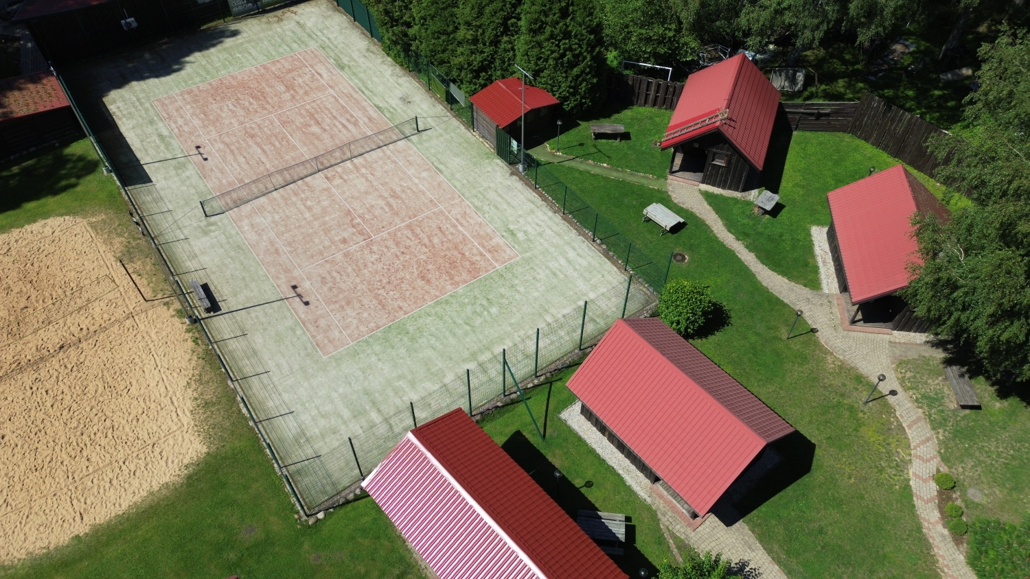 Aerial view of tennis and volleyball courts
